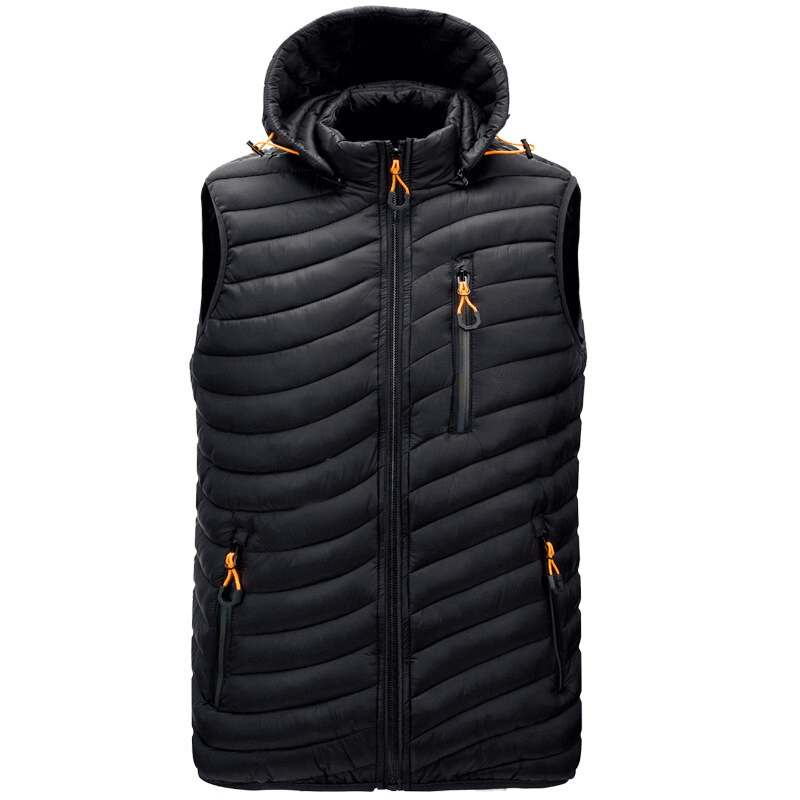 Stylish sports warmed men's nylon vest with hood and zippered pockets, perfect for outdoor activities and casual wear. Model SF1516.